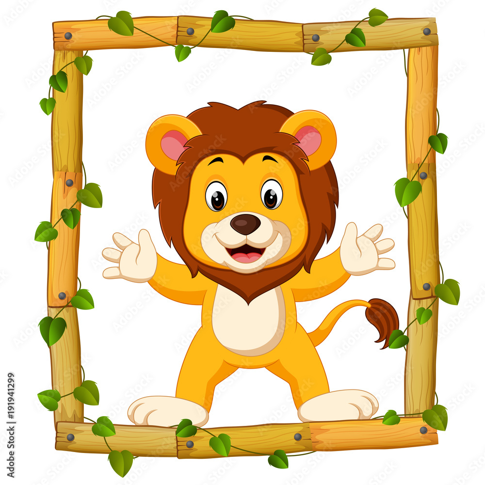 Naklejka premium Lion on the wood frame with roots and leaf
