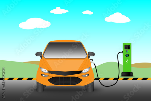 Electric car and charging station point, Technology EV, Automobile concept