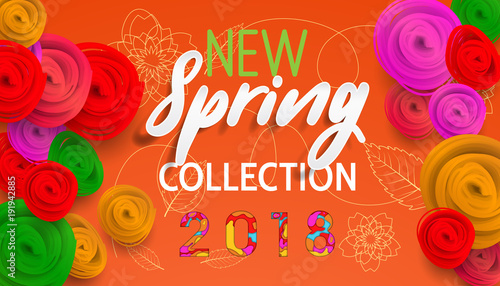 Spring banner "new collection" with paper flowers for online shopping, advertising actions, magazines and websites. Spring new collection background with beautiful colorful flower.