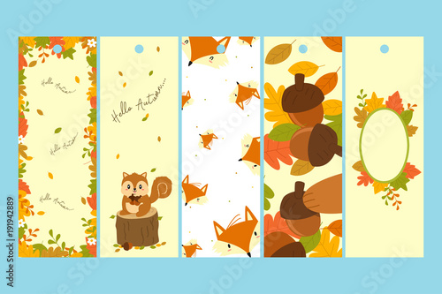 Autumn characters and items bookmark template set. Printable bookmark template cartoon vector.