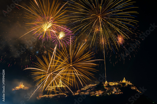 Landscape Scene of multicolor Fireworks annual festival over the Phra Nakhon Khiri  Khao Wang  which is ancient one of the landmark in Phetchaburi Province Thailand. Celebration concept