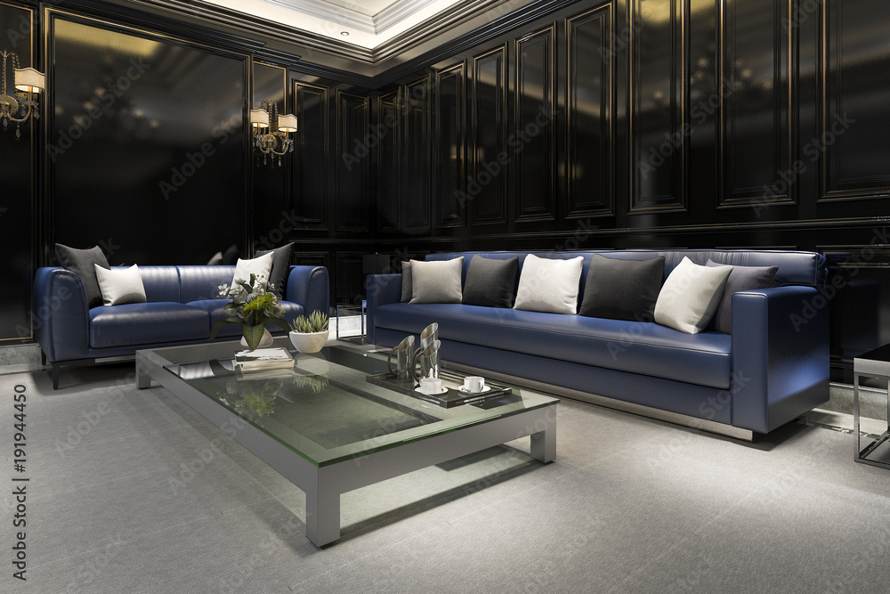 3d rendering black hotel lounge with reflect classic wall design