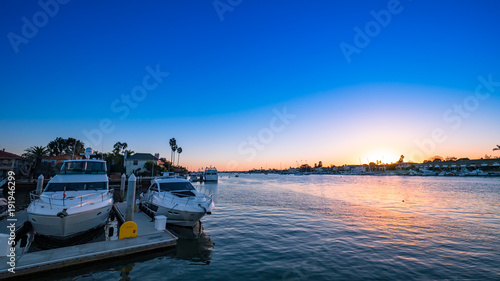 Newport Beach harbor twilight in Orange County, California after sunset