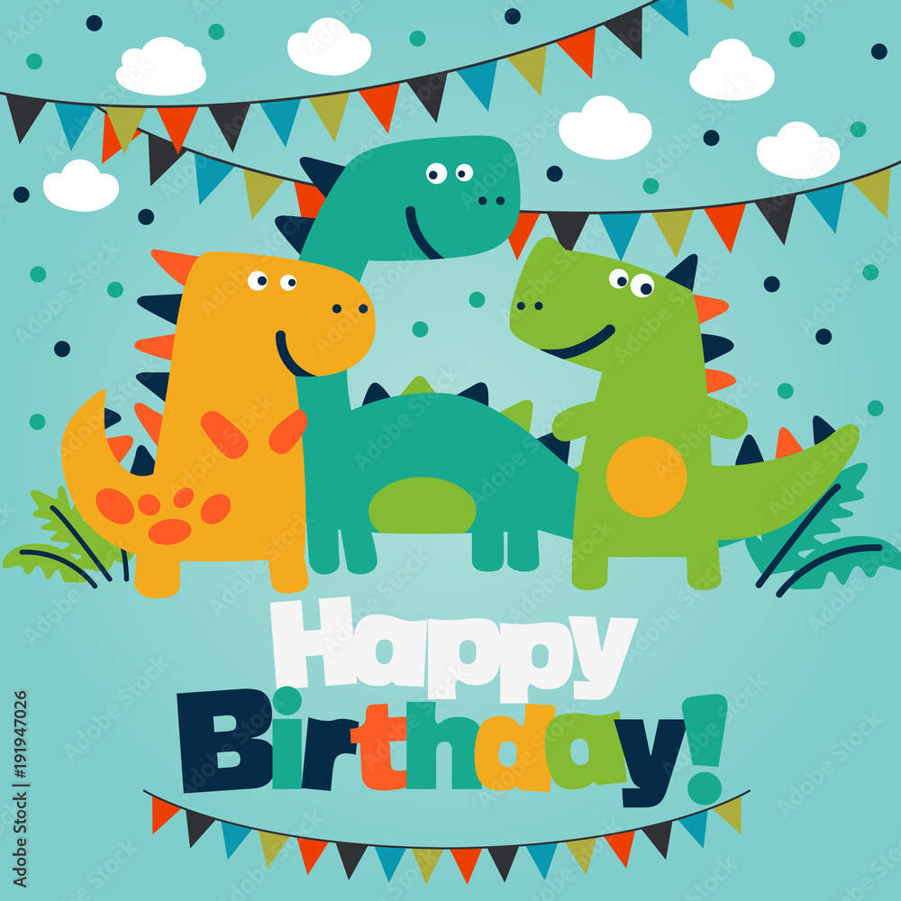 Happy birthday - lovely vector card with funny dinosaurs