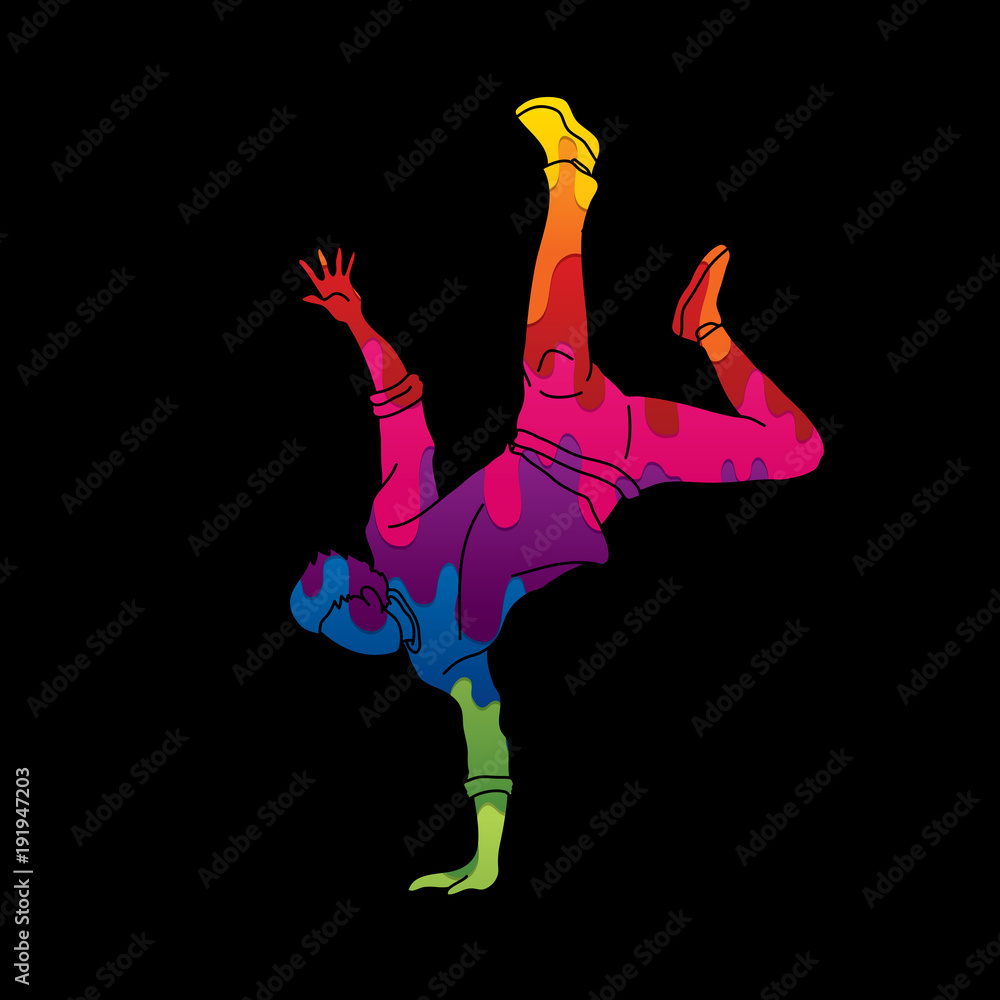 Street dance, B boys dance, Dancing action designed using colorful graffiti graphic vector - obrazy, fototapety, plakaty 