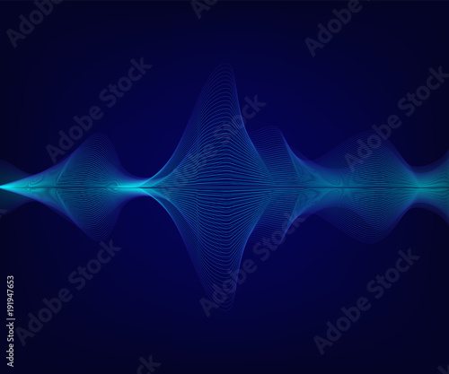 Vector blue shiny sound wave on dark blue background. Tecnology illustration.