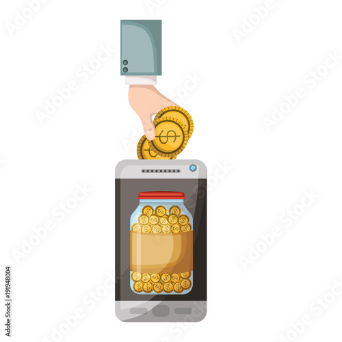 smartphone with hand saver online vector illustration design