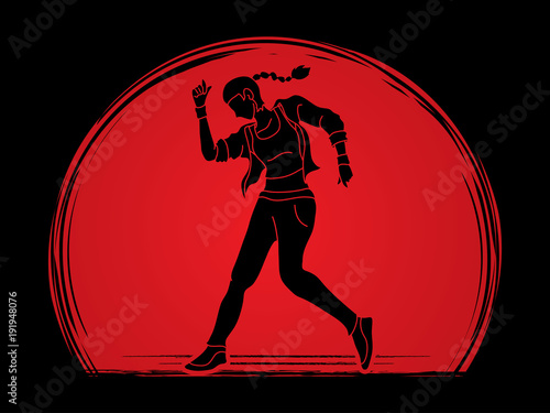 Street dance, B boys dance, Dancing action designed on sunset background graphic vector