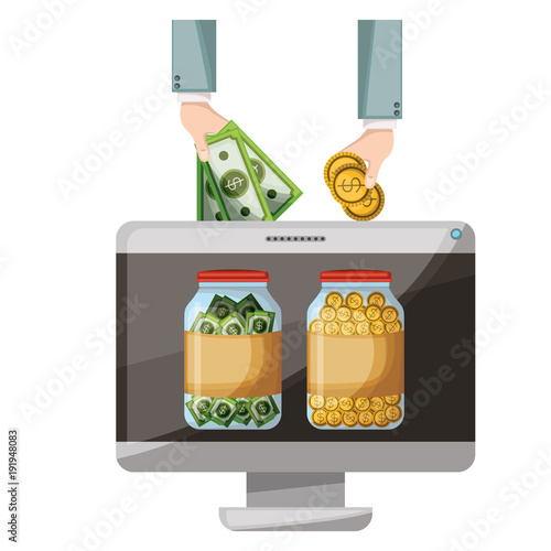 monitor computer with hand saver online vector illustration design