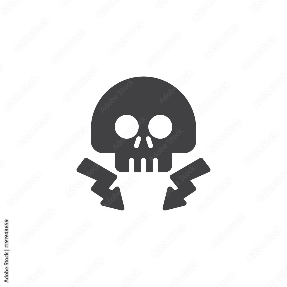 High voltage death skull with lightning beam icon vector, filled flat sign, solid pictogram isolated on white. Danger electricity symbol, logo illustration.