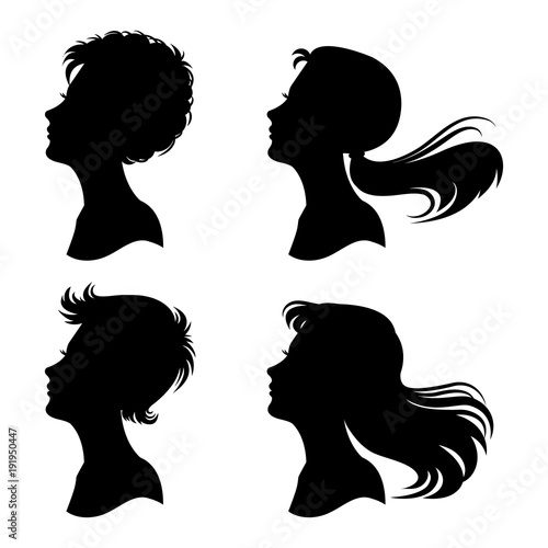 Woman's profiles vector set. Various hairstyles.