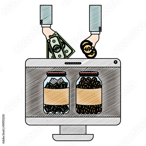 monitor computer with hand saver online vector illustration design