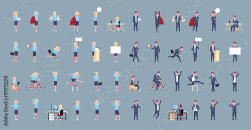 Set Of Business Man And Woman Icon Male Female Office Worker Posing Corporate Different Situations Collection Flat Vector Illustration