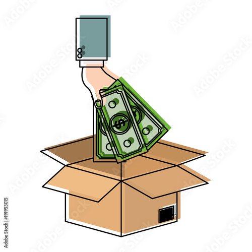 hand saver depositing bills in box icon vector illustration design