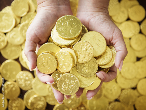 Golden chocolate coins photo