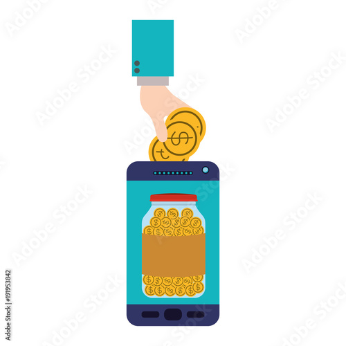 smartphone with hand saver online vector illustration design
