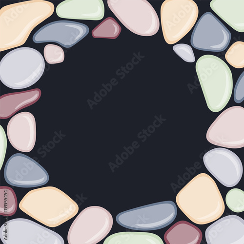 Round frame with sea pebbles on black background. Vector illustration.