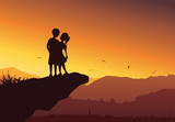 Silhouette of cute couple on top of the mountain - Vector background.