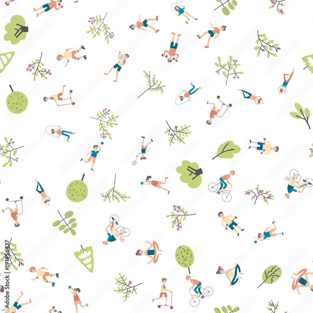 Active lifestyle, sports entertainment outdoors. Young people in city park among the trees. Seamless pattern, vector background illustration on white.