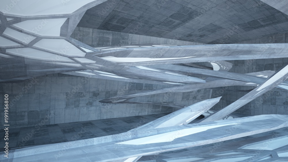 Abstract white and concrete parametric interior with window. 3D illustration and rendering. Abstract white and concrete parametric interior with window. 3D illustration and rendering.