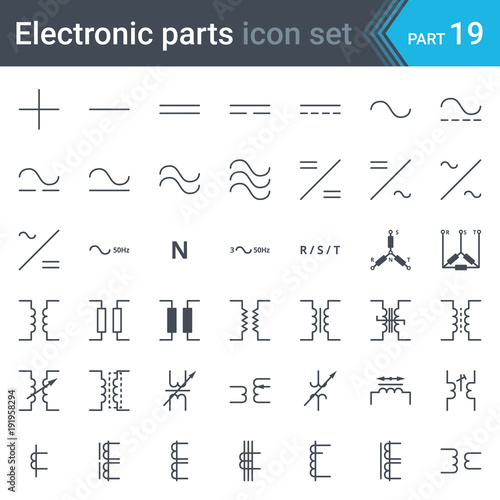 Electric symbols set of current, three-phase connections and electrical transformers