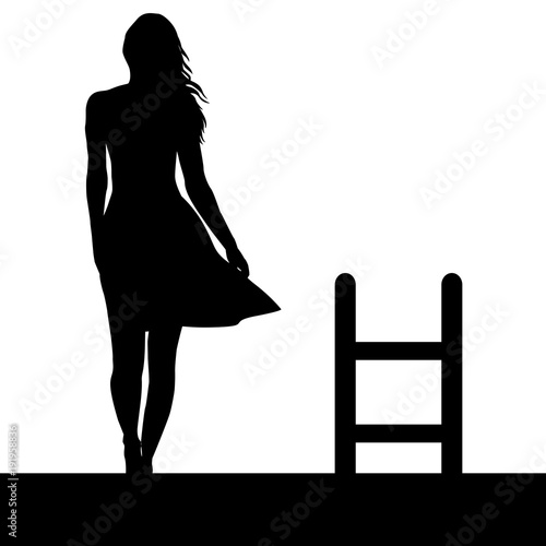 Woman silhouette with ladder on the roof