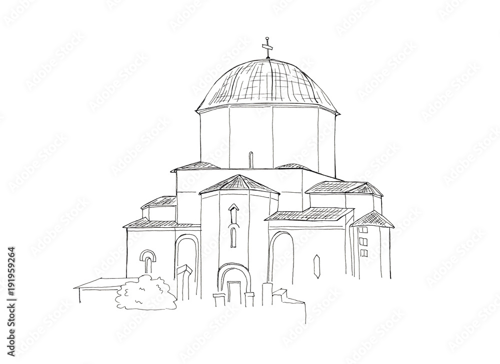 Рand drawn sketch illustration of Landmark Georgia Jvari Monastery isolated on white