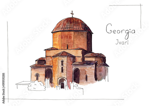 Watercolor hand drawn sketch illustration of Landmark Georgia Jvari Monastery with lettering and frame isolated on white photo