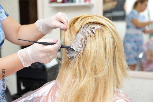 The hairdresser uses a brush to apply the dye to the hair, for dyeing