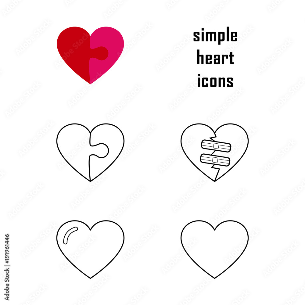 Simple heart shape icons. Hearts with light reflection, puzzle pieces and fixed broken parts,
