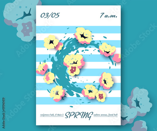 Beauty and fashion spring advertisement banner. Floral blossom background with abstract cherry or peach tree flowers. Modern A4 nature poster.