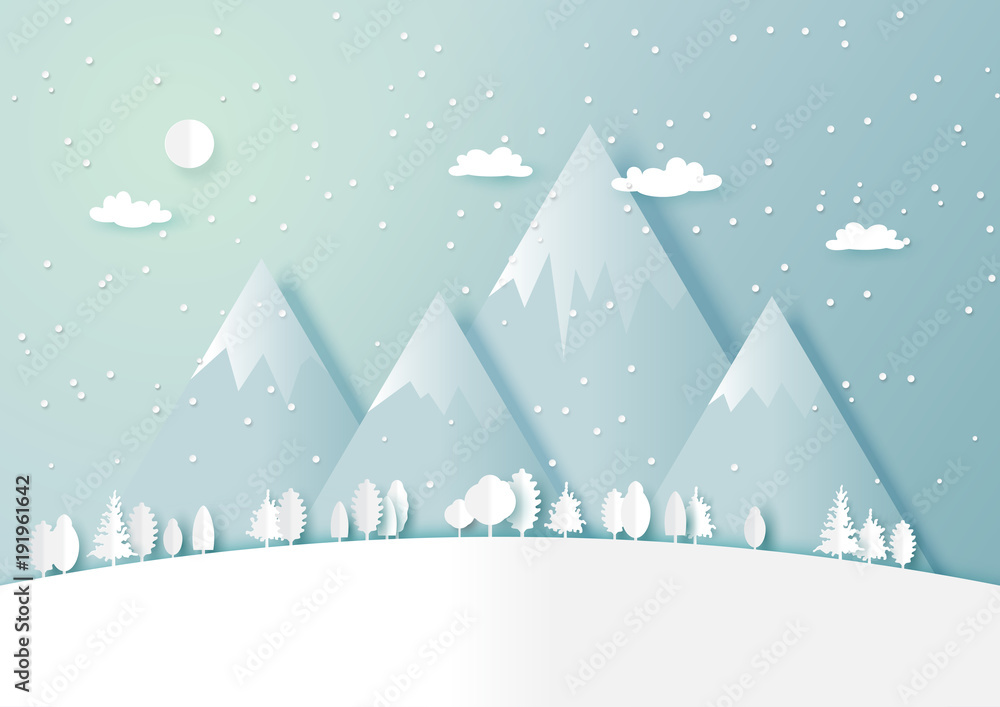 Snow and winter season abstract background with forest nature landscape scene for merry Christmas and happy new year paper art style.Vector illustration.