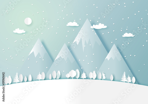 Snow and winter season abstract background with forest nature landscape scene for merry Christmas and happy new year paper art style.Vector illustration.