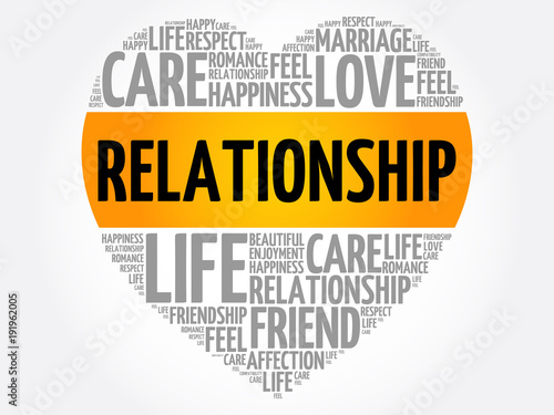 Relationship word cloud collage, heart concept background