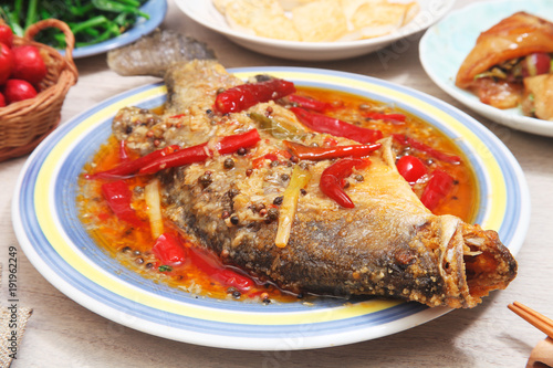 Fried bass fish with chili sause, Chinese food