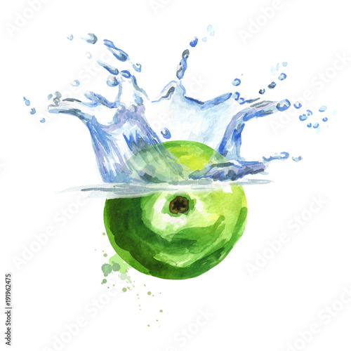 Fresh green apple falling into water isolated on white background