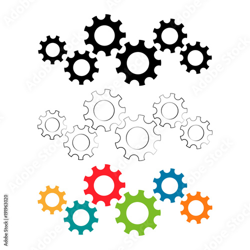 Five connected gear wheels icon in trendy flat style. Colorful, contour and silhouette illustrations design suitable for business infographic and web design, symbolizing teamwork and connection.