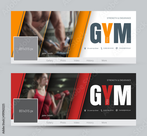 Design of black and white covers for social networks with diagonal lines and a place for photos.