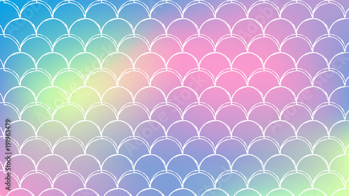 Mermaid tale on trendy gradient background. Horizontal backdrop with mermaid tale ornament. Bright color transitions. Fish scale banner and invitation. Underwater sea pattern. Rainbow colors.