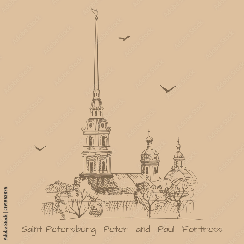 St. Petersburg architectural monuments, travel sketches, line drawing. Peter-Pavel's Fortress