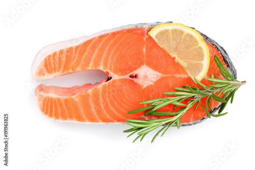 Slice of red fish salmon with lemon and rosemary isolated on white background. Top view. Flat lay