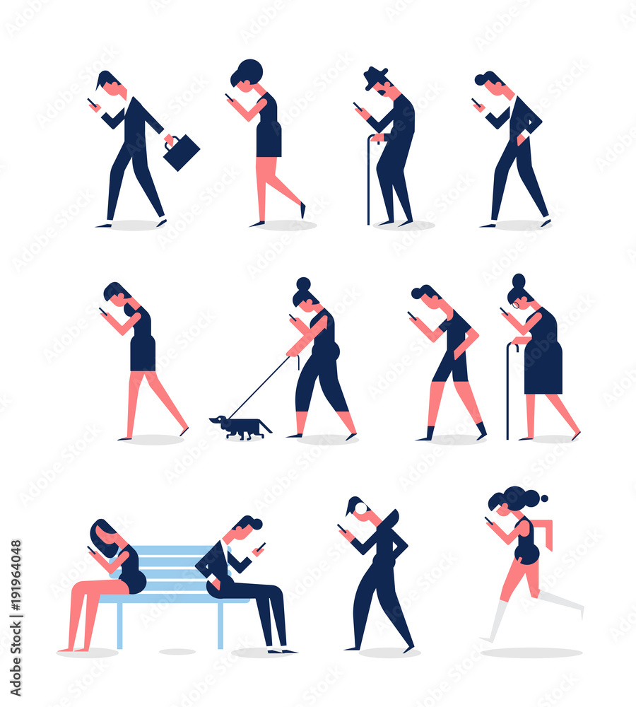 People walking with gadgets. Side view. Flat vector set of different people addiction to networks and spending time in internet. People walking with gadgets. Side view. Flat vector set of different people addiction to networks and spending time in internet.