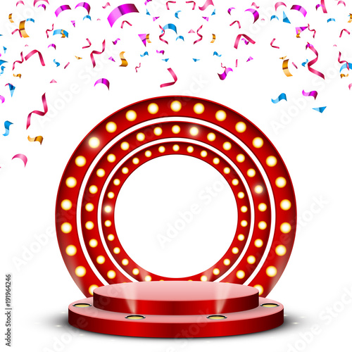 Round red podium with backlight and falling confetti, vector design