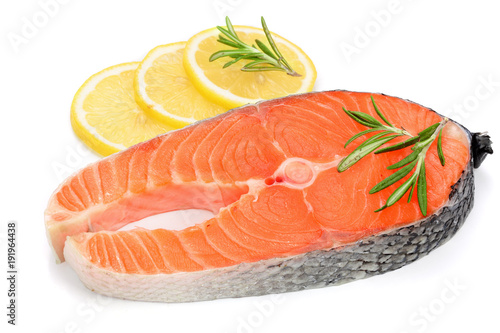 Slice of red fish salmon with lemon and rosemary isolated on white background