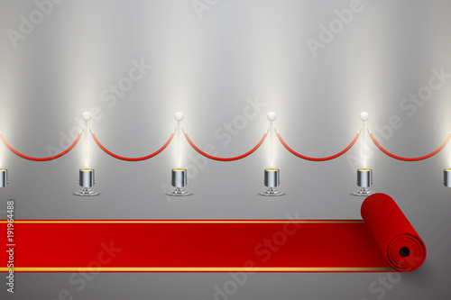 Rolled red carpet and fence with illumibation, vector background