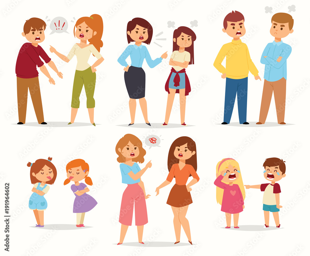 Quarrel conflict stress couples character vector people with arguing quarrel screaming people in different situations in flat style and illustration. Quarrel conflict stress couples character vector people with arguing quarrel screaming people in different situations in flat style and illustration.