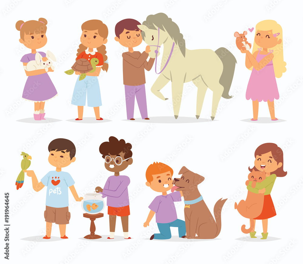 Toddler cartoon vector kids characters petting little pet in and ...