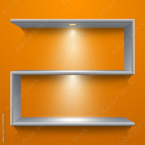 Metal shelf design with illumination on yellow background, vector illustration