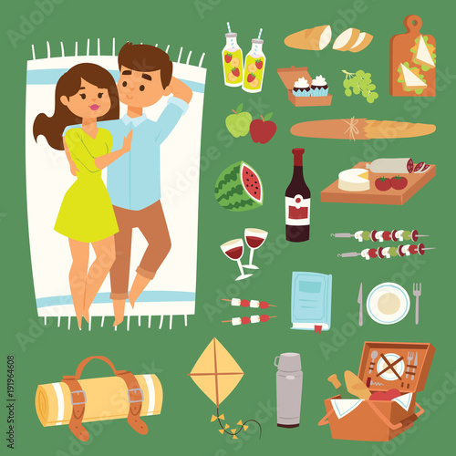Barbecue summer picnic lie man and woman lovely couple vector icons. Adult couple on picnic plaid barbecue outdoor icons romantic summer or spring picnic food vector illustration.