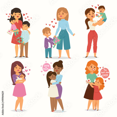Mother and children kids with flower bouquet love heart couples. Mothers, Valentine or Womans 8 march day. Spring or summer family holiday beautiful female character Mothers Day celebration present